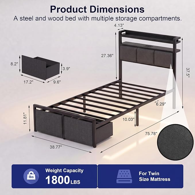 Twin Bed Frames with 2 Storage Drawers, Platform Bed with LED Lights & Charging Station, Upholstered Headboard with 2-Tier Shelves, Heavy Duty Metal Sltats, No Box Spring Needed, Noise Free