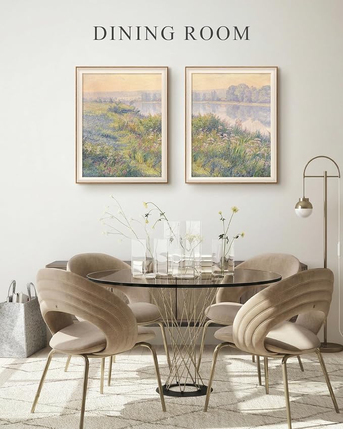 VIYYIEA Framed Landscape Large Wall Art Set of 2, Impressionist Riverbank Meadow Canvas Oil Painting, Pastoral Nature Wall Decor for Living Room Bedroom, 16x20 Inch