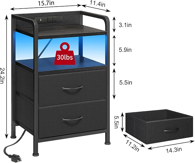 Fixwal Black Led Nightstand, Rear Charging Station, 2 Fabric Drawers | industrial style, built-in bedside charger, 2 AC outlets 1 usb port 1 c port, small bedroom furniture, end table, night stand