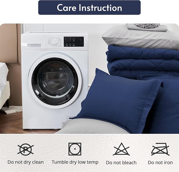 7 Pieces Oversized King Comforter Set, Reversible Bed in a Bag Oversized King Size, All Season Bedding Set with Comforter, Flat Sheet, Fitted Sheet, Pillowcases & Shams, Navy & Light Grey