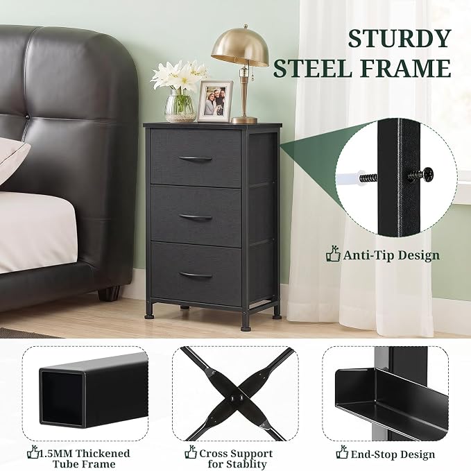 3 Drawers Dresser for Bedroom Fabric Storage Tower with Wooden Top | Steel Frame Chest of Drawers for Closet Entryway Dorm and Small Spaces, Black