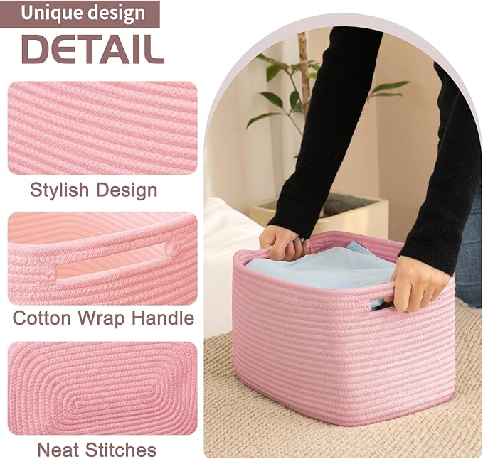 OIAHOMY 4 Pack Storage Baskets for Organizing 15L Cube Storage Bins Pink | Woven Baskets for Storage Rectangle Small Baskets With Handles Baskets for Shelves Wicker Baskets for Shelves 12.7x9x7.8inch
