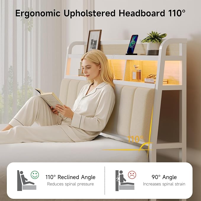 ComfyCorner Queen Size Headboard with Storage & LED Light, Off White | Upholstered Ergonomic Head Board with Power Outlets & 2-Tier Storage, Queen Headboard Only, Bed Frame Mounting, Heavy Duty