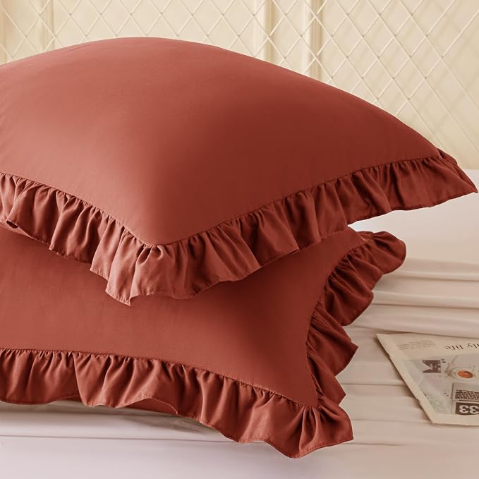 KKJIAF 2 Pack Ruffle Pillow Cases 22x22 Inches, Dusty Orange | Square Ruffled Pillow Covers, Microfiber Wrinkle Resistant Pillow Shams with Envelope Closure for Sofa Bed Living Room