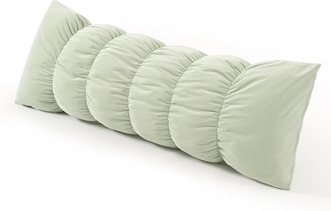 Pat. Pend. Segmented Long Bed Pillow, 47 Inch, Celadon Green | Body pillow for adults and side sleepers with a removable, washable soft velvet cover; segmented design for bed use.