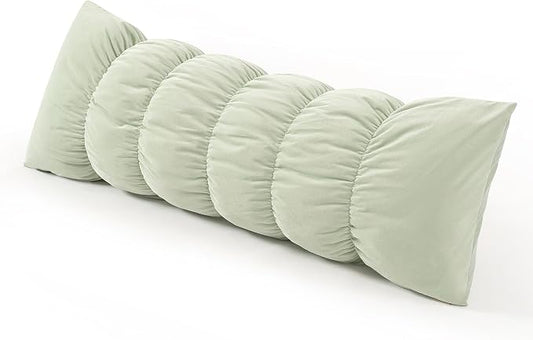 Pat. Pend. Segmented Long Bed Pillow, 47 Inch, Celadon Green | Body pillow for adults and side sleepers with a removable, washable soft velvet cover; segmented design for bed use.