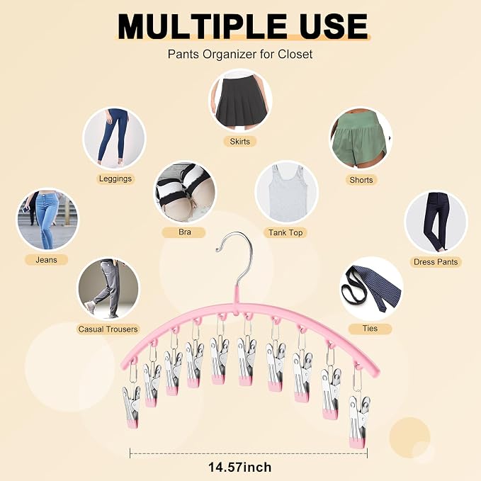 Legging Organizer for Closet, Metal Yoga Pants Hangers 2 Pack w/10 Clips Holds 20 Leggings, Space Saving Hanging Closet Organizer w/Rubber Coated Closet Organizers and Storage, Pink