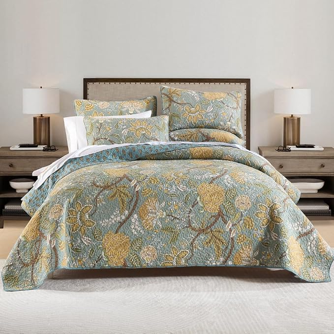 Wistown Cotton Bedspread Bedding Coverlet Quilt Sets, Reversible Vintage Branch Floral Bedspread comforters, (Rustic Sage Green Floral Pattern, King Size)