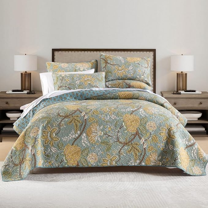 Wistown Cotton Bedspread Bedding Coverlet Quilt Sets, Reversible Vintage Branch Floral Bedspread comforters, (Rustic Sage Green Floral Pattern, Queen Size)