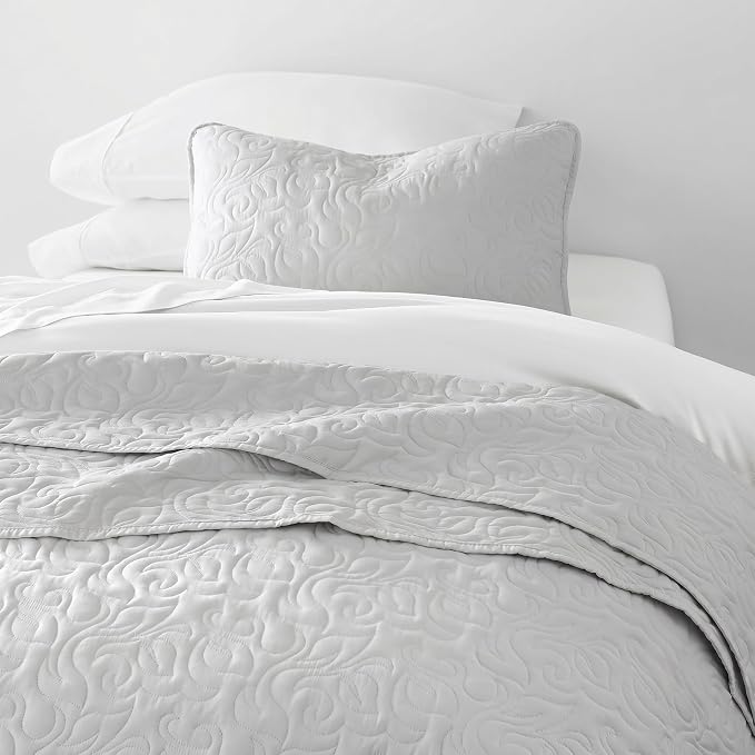 Merit Linens Modern Quilt Coverlet Soft Set in Floral Stitching - Twin/TwinXL Light Gray