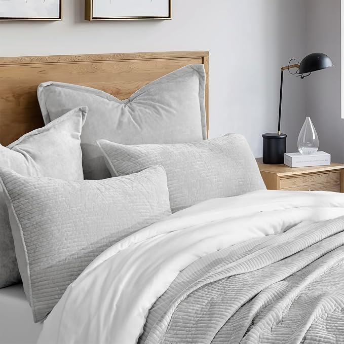 EverGrace Striped Channel Velvet Quilt Set, Queen Size, Frost Gray | Luxurious Soft Lightweight Velvet Comforter, Oversized Bedspread Coverlet, Quilted Bedding Set for All Season, with 2 Shams