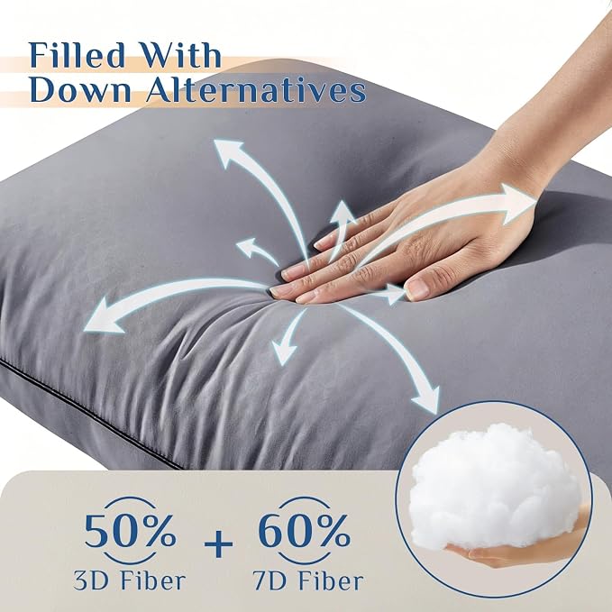 JOLLYVOGUE Grey Pillows Queen Size Set of 4, Washable Supportive Firm Bed Pillows with Oeko-Tex Certified Soft Down Alternative Fill, Fluffy Luxury Hotel Quality for Side, Back, and Stomach Sleepers