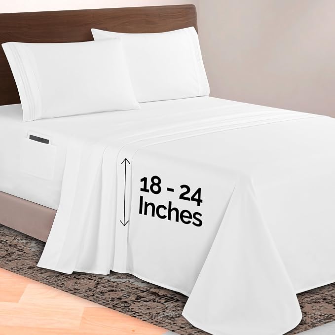 Elegant Comfort Luxurious 1500 Premium Hotel Quality Microfiber 4-Piece Sheet Set, 18-24 Inches Deep - Extra Deep Pocket Sheets - Ultra Soft 4PC Deep Pocket Sheets, Full, White