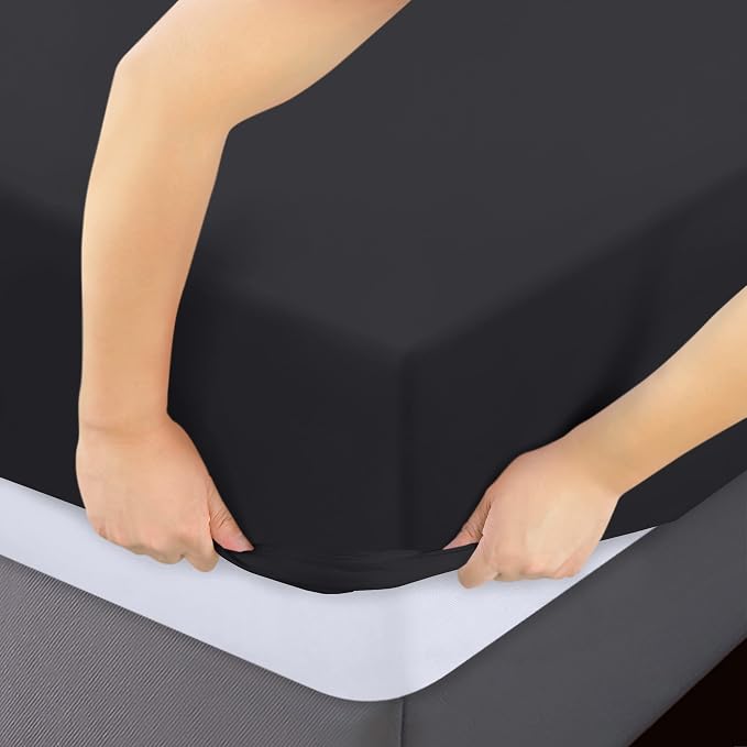 Pack of 2 Full Fitted Sheet, Fits Up to 16 Inch Deep Pocket, Black | Hotel Comfort, Cooling & Breathable Cotton like Polyester, Easy Fit, Wrinkle & Fade Resistant, Snug Fit, Easy Care, Oeko-Tex
