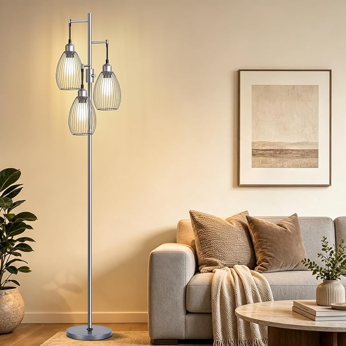 Nintiue Dimmable Floor Lamp, 3 x 800LM LED Edison Bulbs Included, Industrial Floor Lamp Standing Tree Lamp with Elegant Teardrop Cage Heads Tall Lamps for Living Room Bedroom-Grey