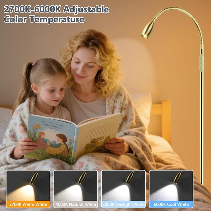Reading Floor Lamp, 72" LED Dimmable Lamp with Gooseneck,Zoomable Spotlight | Adjustable Color Beam Standing Lamp, Touch & Remote Control, Task Craft, Sewing, Bedroom Living Room, Office, Light Gold