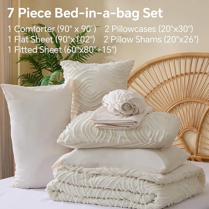 BEDELITE Queen Comforter Set 7 Pieces,Boho Bed in a Bag,Wavy-Cream White | Tufted Bed Set for All Seasons,Soft Farmhouse-Style Embroidery Bedding,Includes Flat & Fitted Sheets,2 Pillowcases & 2 Shams