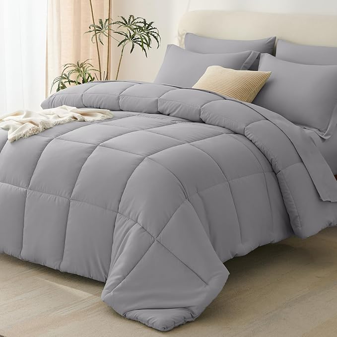 Queen Comforter Set, 7-Piece Bed in a Bag, Grey | OEKO-TEX Certified, Box-Stitched Design, 240 GSM Down Alternative Fill, All-Season Comfort, Sheets, Pillowcases & Shams