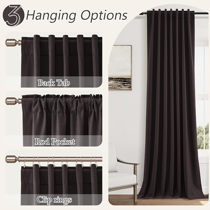 100% Blackout Curtains 84 Inch Length 2 Panels Set for Living Room Bedroom Back Tab Thermal Insulated Black Out Linen Drapes Room Darkening Cocoa Coffee,52x84