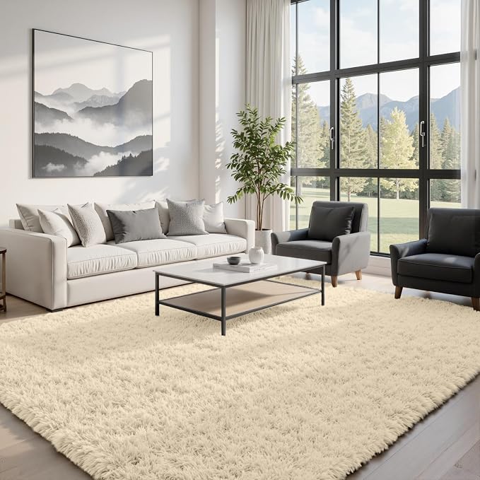 6x9 Fluffy Shag Area Rugs for Living Room Bedroom: Soft Plush Carpet Beige | Upgraded Non-Slip Thick Memory Foam, Ultra Soft, Non-Shedding Fuzzy Carpet, Easy Clean Decor for Kids Room, Nursery, Playroom