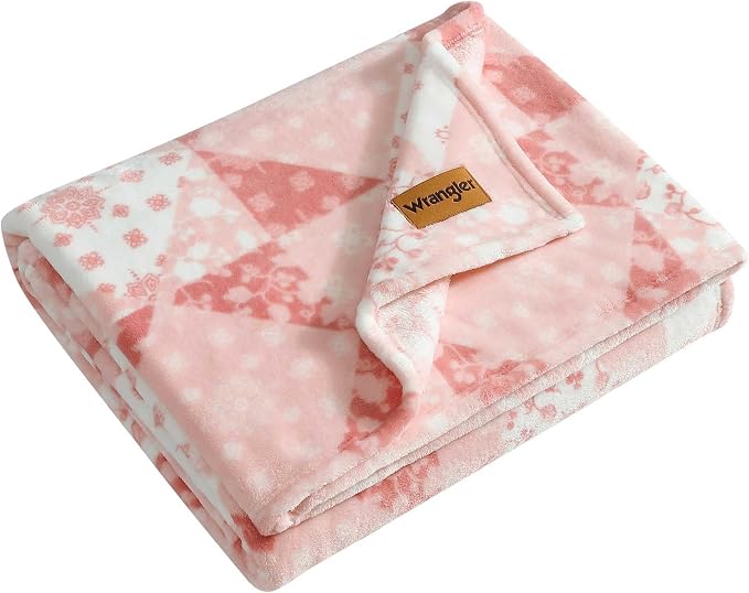 Wrangler - Throw Blanket, Ultra Soft Plush Reversible Bedding, Americana Inspired Patchwork Soft Blanket for Couch or Bed (Rodeo Patchwork Dusty Canyon Pink, 60" x 70")