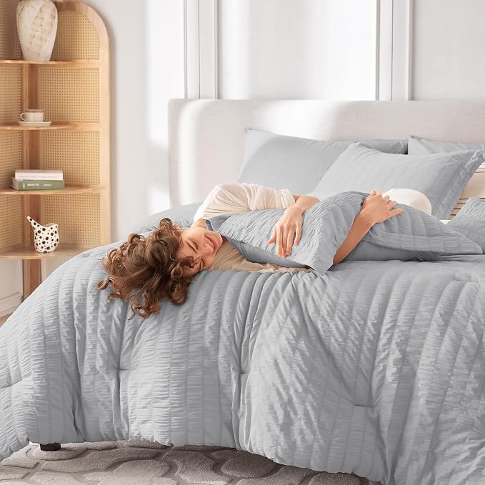 7 Pieces King Comforter Set, Seersucker Bed in a Bag King Size, All Season Luxury Bedding Set with Comforter, Flat Sheet, Fitted Sheet, Pillowcases & Shams, Light Grey