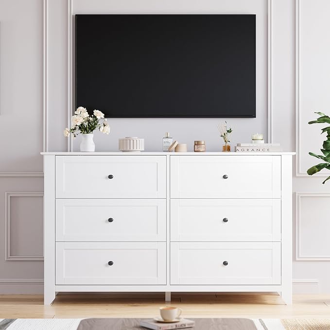 Garvee White 6-Drawer Dresser for Bedroom, 54" Long Chest of Drawers | Modern Lacquered Storage Drawers Organizer, 15.8"D x 54"W x 31.5"H, Storage Dresser with Deep Drawers for Hallway Entryway