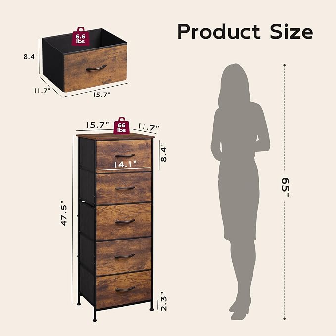 WLIVE Tall Dresser for Bedroom, 5 Drawer Dresser, Rustic Brown | 5 vertical fabric drawers, Tall vertical design, Bedroom or closet use, Dresser for small spaces, Chest of drawers