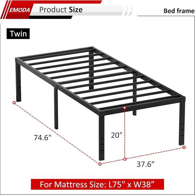 EMODA 20 Inch Twin Bed Frame No Box Spring Needed | Heavy Duty Tall Metal Twin Platform Bed Frames with Large Storage Space, Noise Free, Easy Assembly, Black