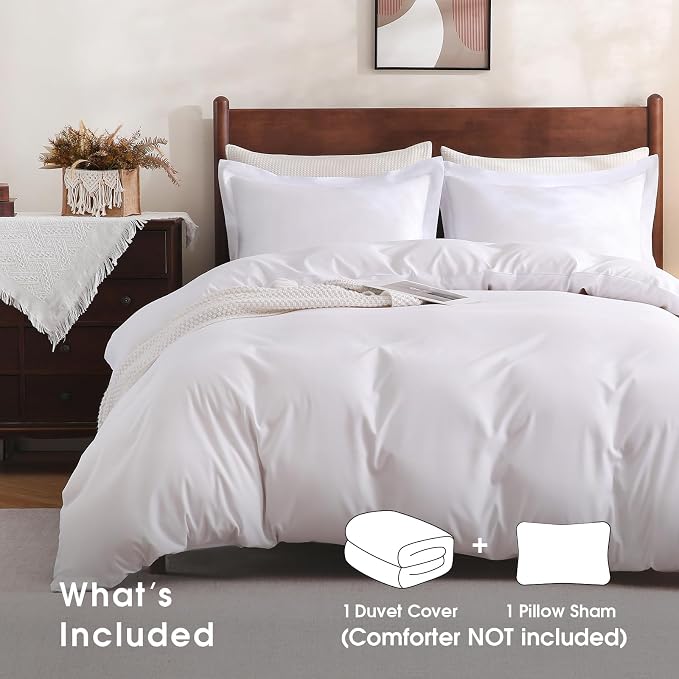 FreshCulture Twin Duvet Cover - 2 Pieces Microfiber Duvet Cover Set with Zipper Closure - Lightweight & Easy Care - 1 Comforter Cover & 1 Pillow Sham - Comforter Not Included (White)