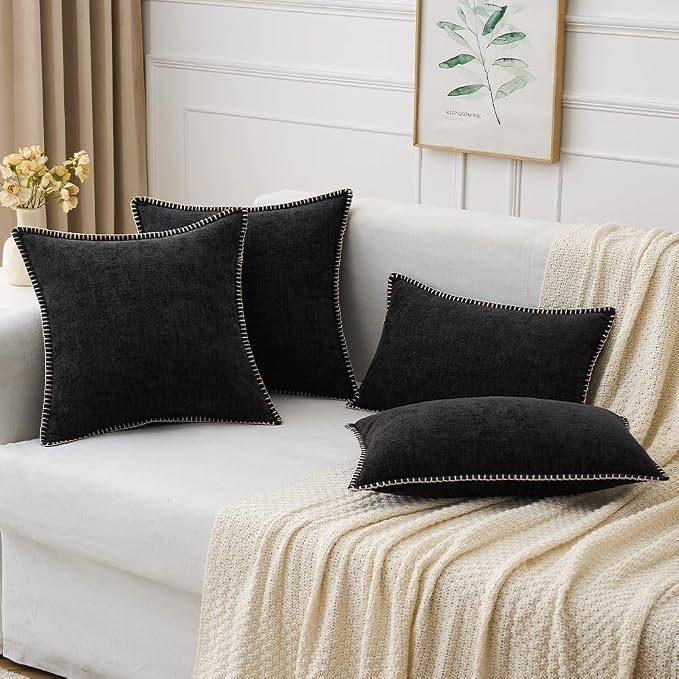 MIULEE Decorative Couch Throw Pillow Covers 20x20 Inch Black 2 Pack | Halloween Farmhouse Pillow Covers with Stitched Edge, Soft Chenille Cushion Cases, for Sofa Bed Living Room Home Decor