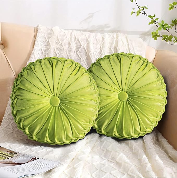 HIG Set of 2 Apple Green Velvet Decorative Round Pleated Throw Pillows | Vintage Floor Pillows, Classy Accent Pumpkin with Center Button, for Sofa Couch Vanity Chair Bed, 14.5" Diameter