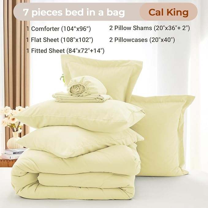 7 Pieces California King Comforter Set, Soft Bed in a Bag Cal King Size, All Season Bedding Set with Comforter, Flat Sheet, Fitted Sheet, Pillowcases & Shams, Cream Yellow