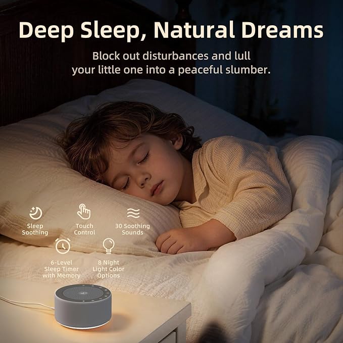 Kipcush White Noise Machine for Baby & Adults, 30 Soothing Sounds, Soft Non-Glare Nursery Lamp, 8 Color Night Lights, Memory Function (Angel V4 Grey, Standard)