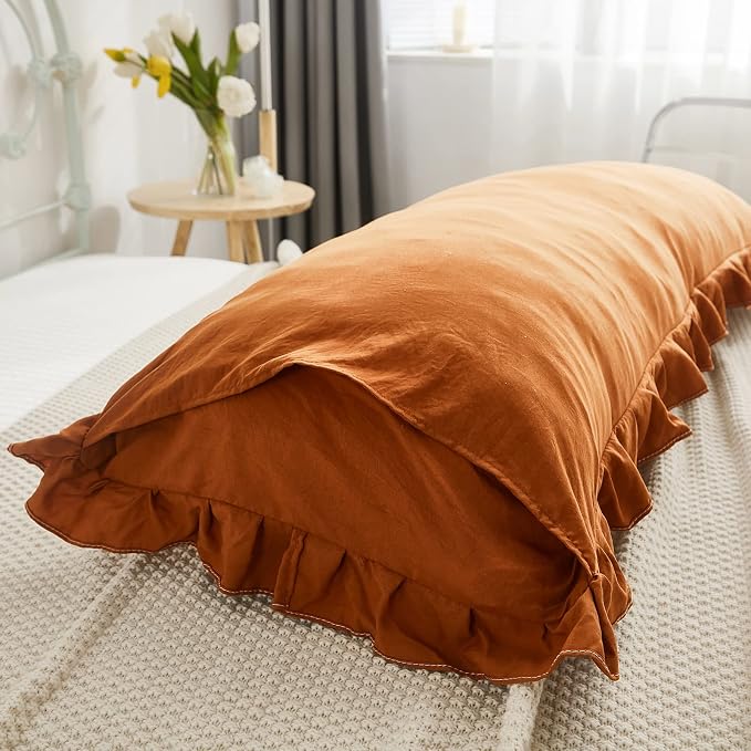 Burnt Orange Body Pillow Cover 20x54inches Long Pillowcase Shabby Chic Ruffled Fringe Decor Body Pillow Sham Cute Pillowcase (1 Body, Caramel)