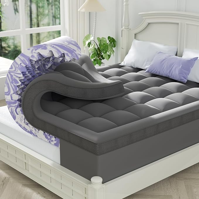 Dual Layer 4 Inch Memory Foam Mattress Topper Full | 2 Inch Gel Memory Foam and 2 Inch Pillow Top Mattress Pad for Back to School , 7-Zone Egg Crate & 2-in-1 Design (Grey)