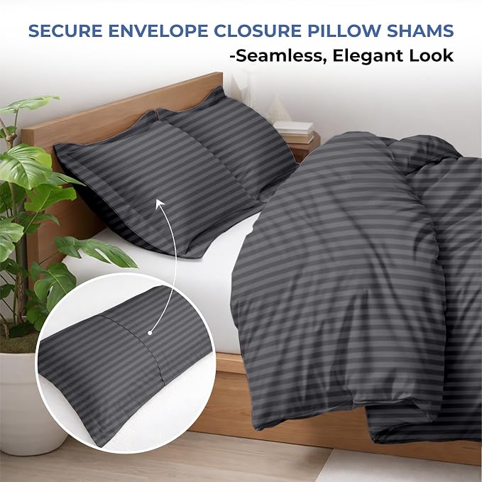 Kotton Culture 120"x98" 3 Pc Oversized King Duvet Cover Set 100% Egyptian Cotton - 600 Thread Count, Zipper Closure & Corner Ties - Fits Large King Inserts (Oversized King,Striped Dark Grey)