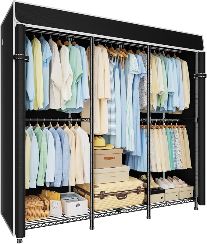 ULIFHOME E14C Heavy Duty Closet Organizer System，Freestanding Clothing Racks for Hanging Clothes，Adjustable Garment Rack 58" W × 16" D × 77" H Hold 860 lbs，Black Rack with Black Dustproof Cover