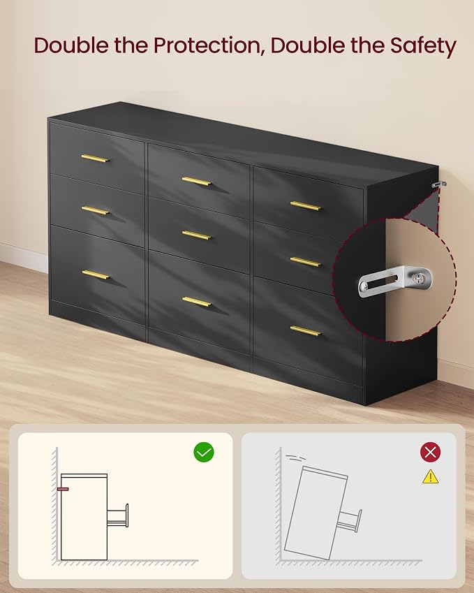 VASAGLE 9-Drawer Dresser, Chest of Drawers, 63.1 x 15.8 x 30.7 Inches | Bedroom chest of drawers, Ink Black, Custos Collection, ULTS419BC01S