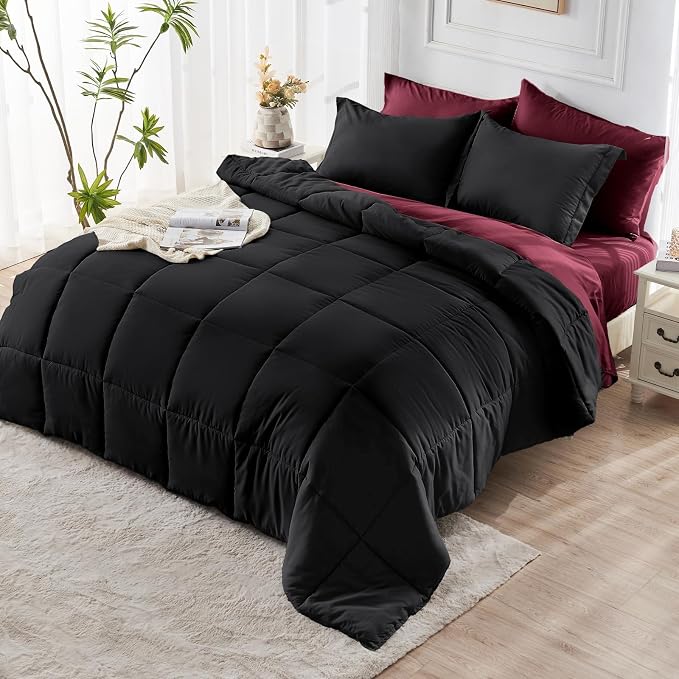 JOLLYVOGUE King Comforter Set, Ultra-Soft Bed in a Bag King Size 7 Pieces, Oeko-TEX Certified Bedding Set with Down Alternative Comforter, Sheets, Pillowcases & Shams, Black & Deep Burgundy