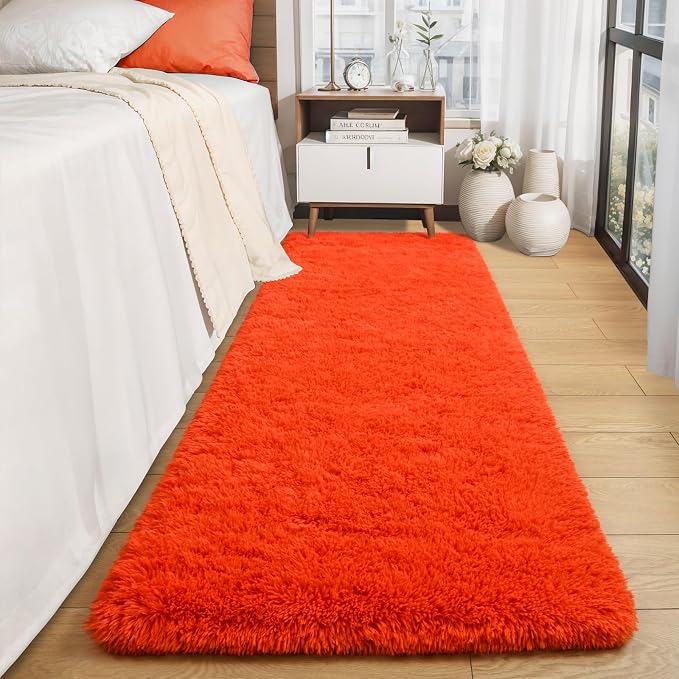 Soft Fluffy Rugs for Bedroom Living Room, 2x6 Hallway Runner Rugs, Furry Shag Bedside Area Rug Indoor Accent Floor Carpet, Plush Fuzzy Rug for Dorm Nursery Kids Room Decor, Orange Red