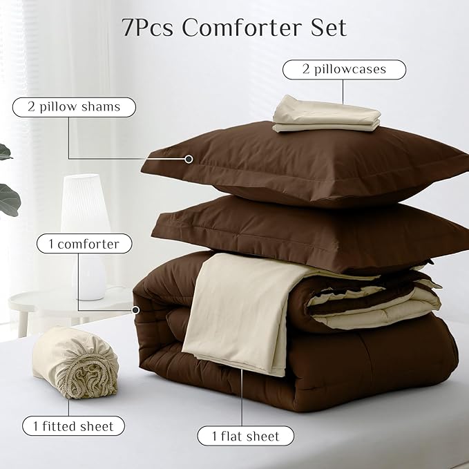 JOLLYVOGUE Oversized King Comforter Set, Ultra-Soft Bed in a Bag 7 Pieces, Oeko-TEX Certified Bedding Set with Down Alternative Comforter, Sheets, Pillowcases & Shams, Brown & Beige