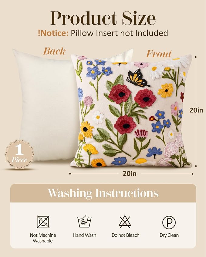 Embroidered Throw Pillow Cover 20x20 Inch, Retro Flower | Decorative Pillow Cover, Vintage Boho Cushion Case with Hidden Zipper, Floral Decor for Couch, Sofa, Living Room, Bedroom