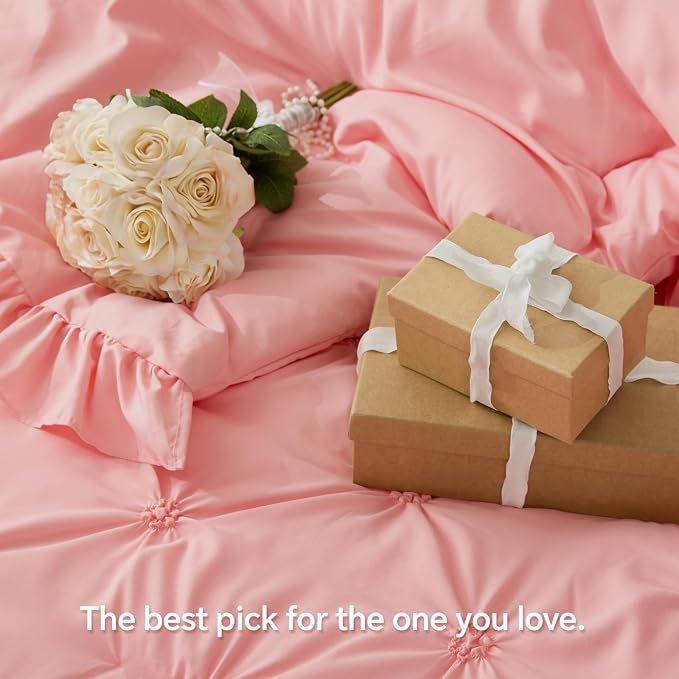 BEDELITE Twin Comforter Set Ruffle-Pink,Lightweight & Soft Comforter | Pintuck Boho Bedding, Warm & Cute Bed Set for All Season,With 1 Pillowcase