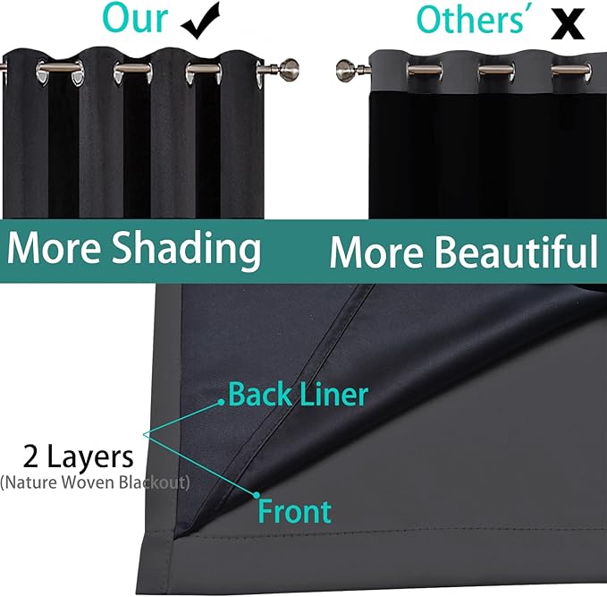 Yakamok Charcoal Grey 100% Blackout Curtains 45 Inches Long 52" Wide 2 PCS | Blackout Curtain Panels for Bedroom, 2 Thick Layers Grommet Top Thermal Insulated Drapes with Black Liner for Living Room