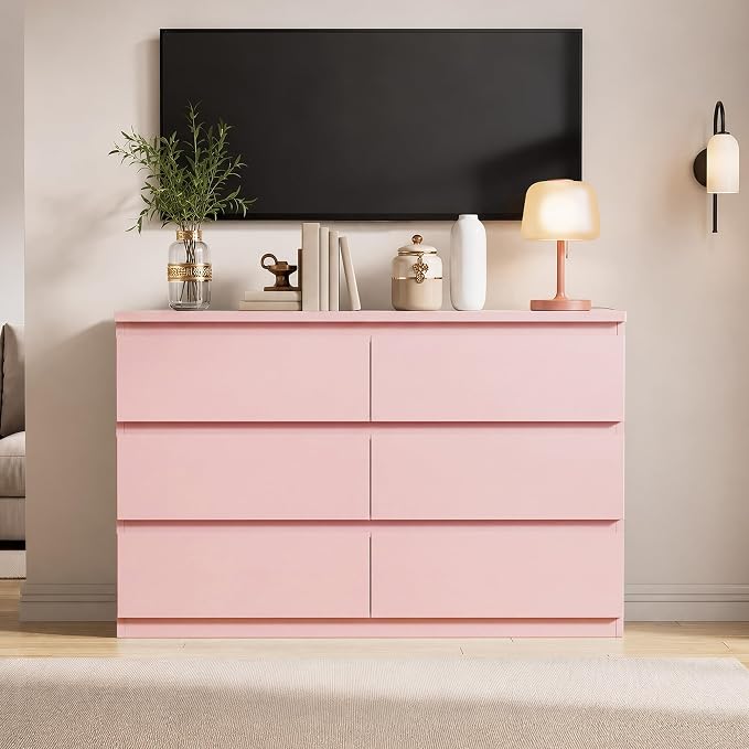 6 Drawer Double Dresser for Bedroom, Modern Simply Chest of Drawers, Wood Storage Dresser with Anti-Tipping for Living Room Hallway Entryway, Nursy Pink (15.3" D x 47.2" W x 32.3" H)