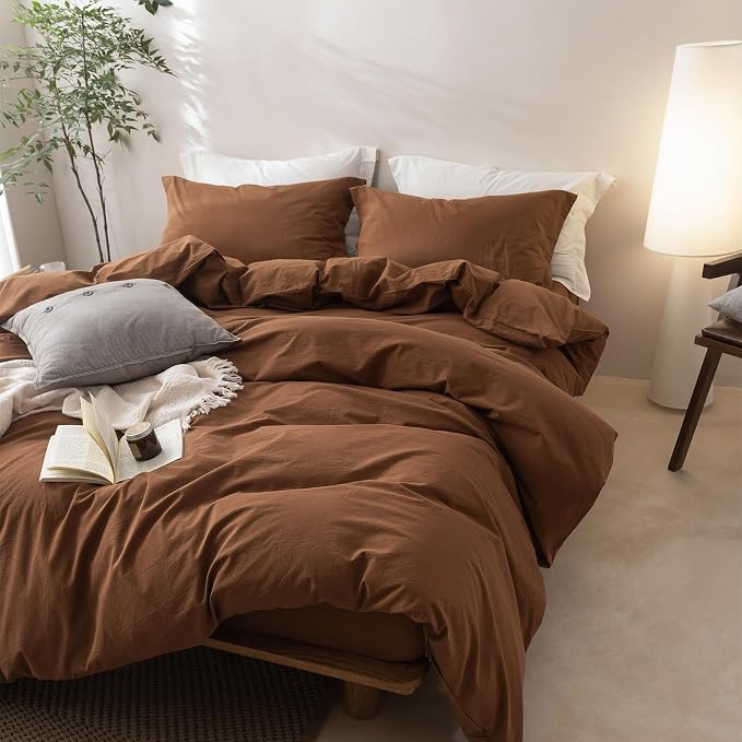 BDEAR 3Pcs Dark Orange Duvet Cover Oversized Queen Size 98" L x 98" W | 100% Washed Cotton, 1 Duvet Cover with 2 Pillowcases, Zipper Closure, OEKO TEX Standard,8 Corner Ties,Linen-Liked Texture