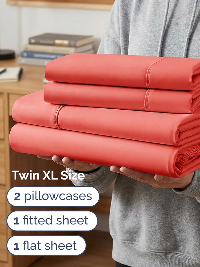 Extra Deep Twin XL Sheet Set - 4 Piece College Dorm Room - Coral | College Dorm Room Essentials, Easy & Secure Fit, Ultra-Soft, Wrinkle & Fade Free, Comfy Sheets Set with Extra Deep Pockets