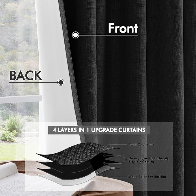 MIULEE 100% Blackout Back Tab Pleat Linen Curtains 50" Wx108 L,Black | 2 Panels,Thick Faux Linen,Textured Drapes,with Hooks,for Bedroom Living Room,Black Out,Room Darkening