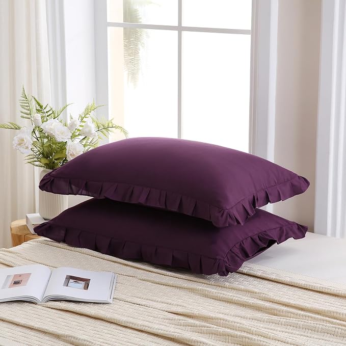 Merryword Dark Purple Pillowcases King Size Ruffled Pillow Shams Set of 2 Cute Pillowcases Purple Shabby Chic Pillow Cover 2 Pack
